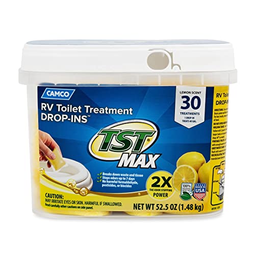 Camco TST MAX Camper/RV Toilet Treatment Drop-INs | Control Unwanted Odors & Break Down Waste and Tissue | Safe Septic Tank Treatment | Lemon Scent | 30-Count (41577)
