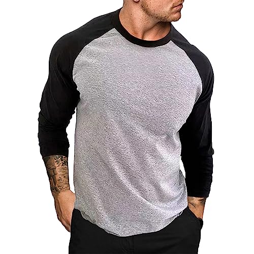 YADEOU Mens Crewneck Pullover Sweatshirts Casual Long Sleeve Loose Fit Patchwork Shirt Lightweight Breathable Blouse Tops Gray