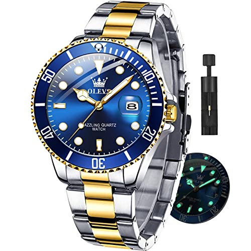 OLEVS Gold Stainless Steel Watch for Men Under 100, Blue,Waterproof, Big Face Dress Watches Men Date,Relojes De Hombre,Luminous Man Wristwatches, Male Diver Watch