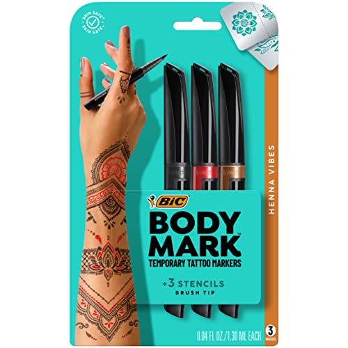 BIC BodyMark Temporary Tattoo Markers for Skin, Henna Vibes, Flexible Brush Tip, 3-Count Pack of Assorted Colors, Skin-Safe, Cosmetic Quality