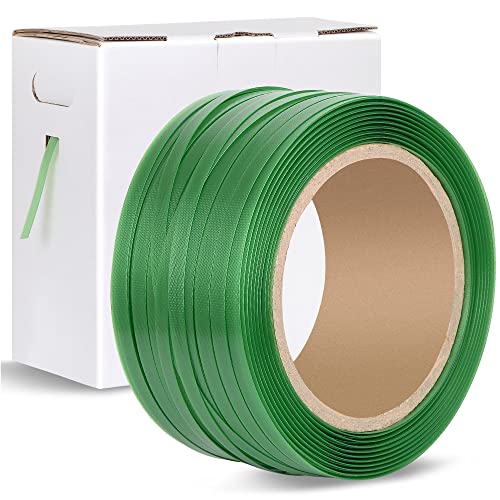 Heavy Duty Packaging Strapping Banding Roll - Green Polyester PET Industrial-Grade, 1000' x 5/8' x 0.035' Pallet Strap Coil - 1400 lbs Break Strength, Rust-Resistant with Self Dispensing Box Kit