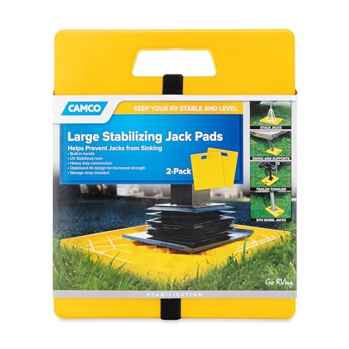 Camco Camper / RV Large Stabilizer Jack Pads - Features Interlocking Design & Handy Strap for RV Storage - Built-In Handle - Use with RV Leveling System, RV Levels & More - 14” x 12”, 2-Pk (44541)