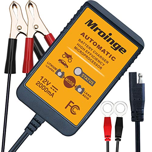 Mroinge MBC022, 12V 2A Lead Acid & Lithium(LiFePO4) Automatic Trickle Battery Charger Smart Battery Maintainer for Car Motorcycle Lawn Mower Boat ATV SLA AGM Gel Lithium(LiFePO4) and More Batteries