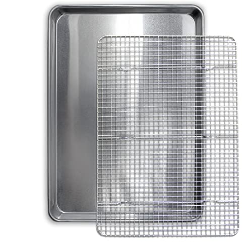 Commercial Quality Cookie Sheet and Rack - Aluminum Half Sheet Baking Pan and Stainless Steel Cooling Rack Set 13x18 Rust & Warp Resistant, Heavy Duty