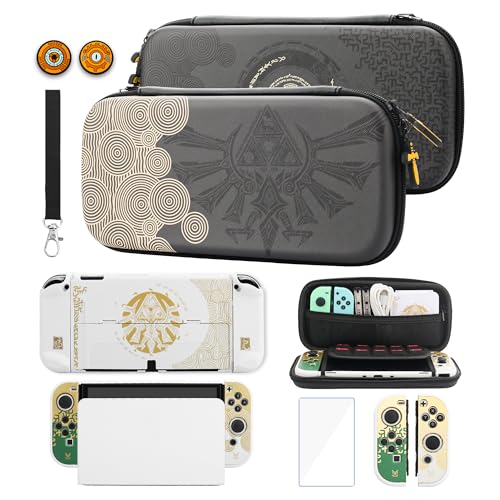 GLDRAM Black Switch Carrying Case for Zelda, Portable Accessories Kit Compatible for Nintendo Switch OLED with Travel Case Protector, White Dockable Switch OLED Skin Cover, Hand Strap & 2 Thumb Caps