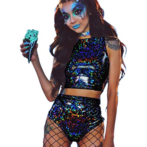 RARITYUS Women Rave Holographic Bodysuit Mini Two Piece Hologram Metallic Silver for Dance Party Clubwear EDM Festival