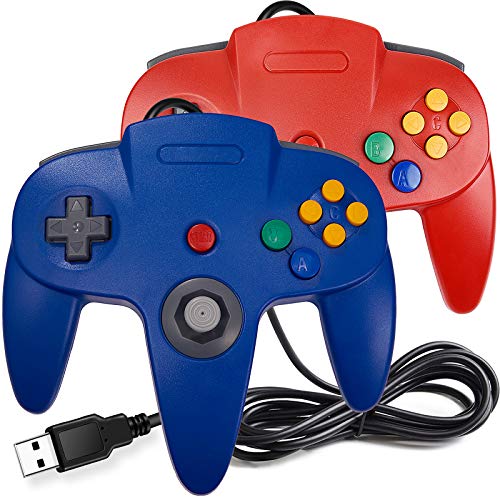 iNNEXT 2 Pack Classic Retro N64 Bit USB Wired Controller for Windows PC MAC Linux Raspberry Pi 3 (Red/Blue)