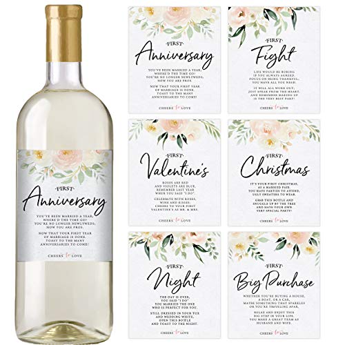 Printed Party Marriage Milestones, Floral Wedding Firsts, 6 Wine Bottle Labels