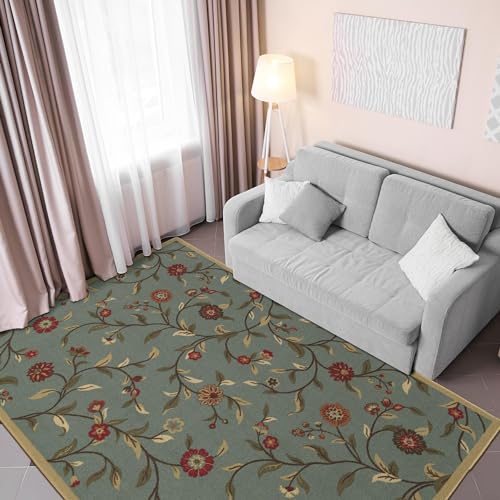 Machine Washable Floral Leaves Design Non-Slip Rubberback 5x7 Traditional Area Rug for Living Room, Bedroom, Kitchen, 5' x 6'6', Seafoam Green