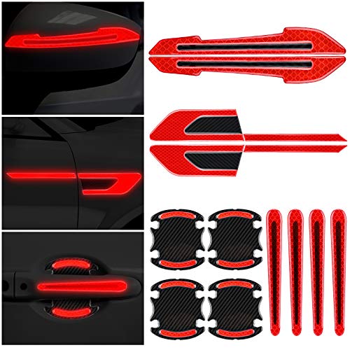 12 Pieces Reflective Car Stickers Set Rearview Mirror Reflective Warning Stickers Car Side Reflective Stickers Car Handle Protectors and Handle Paint Scratch Films for Car Safety (Red)
