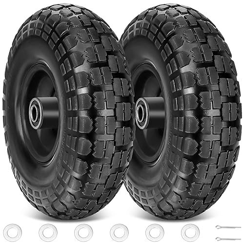 TICONN 4.10/3.50-4' Tire and Wheel Flat Free, 2 Pack 10' Solid Rubber Tires with 5/8” Axle Bore Hole and Double Sealed Bearings, Perfect for Wheelbarrow, Garden Cart, Wagon, Dolly (Black, 2PK)