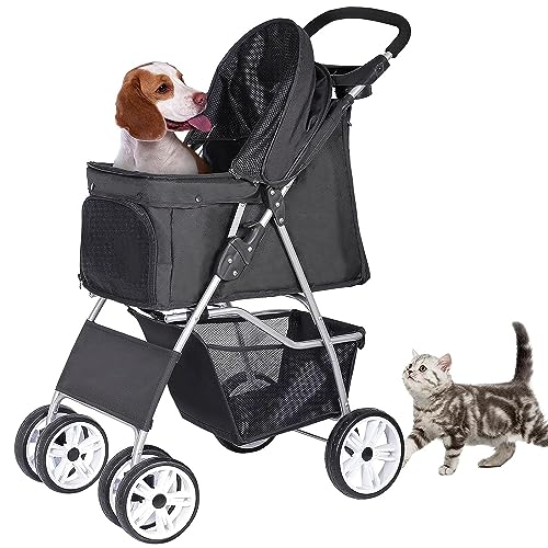 ZENY Foldable Pet Stroller, Cat/Dog Stroller with 4 Wheel, Pet Travel Carrier Strolling Cart with Storage Basket, Cup Holder, Black