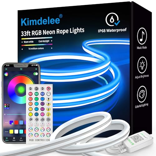 Kimdelee 33ft Neon Rope Lights, RGB IP68 Waterproof Flexible LED Strip Lights, Neon Lights with App Remote for Wall, Bedroom, Outdoors, Pool