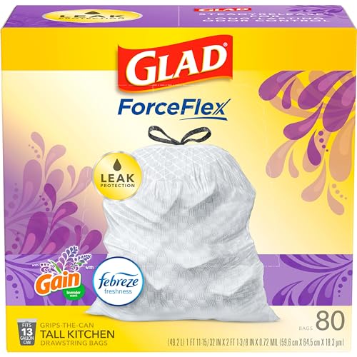 Glad Trash Bags, ForceFlex Tall Kitchen Drawstring Garbage Bags 13 Gallon White Trash Bag, Mediterranean Lavender scent with Febreze Freshness 80 Count (Package May Vary)