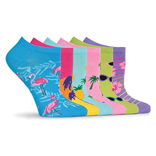 K. Bell Socks Women's 6 Pair Pack Fun Pop Culture Funny Novelty Low Cut No Show Socks, Palm Beach (Blue), Shoe Size: 4-10