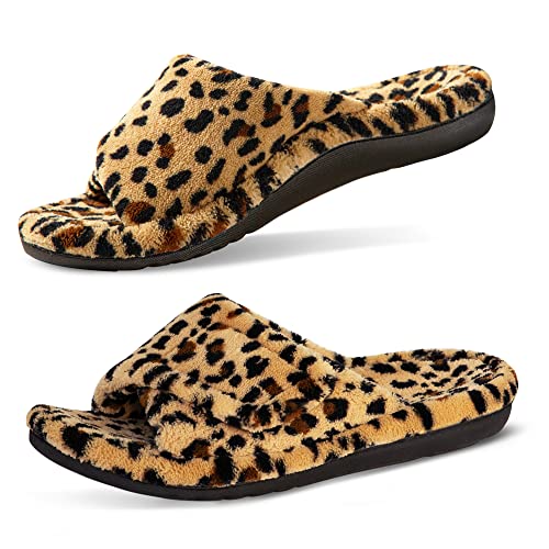 GRITHEIM Women's Orthotic Arch Support Slippers Fuzzy Adjustable Orthopedic Slippers for Plantar Fasciitis Furry Slide Slippers for Ladies leopard 11