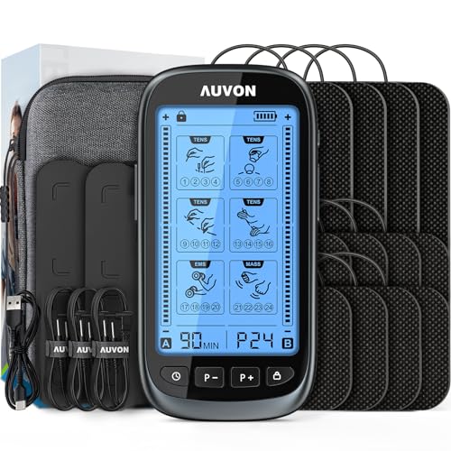 AUVON 3-in-1 TENS Unit Muscle Stimulator, Dual Channel Electronic Pulse Massager, TENS EMS Machine, 24 Modes Muscle Massager for Pain Relief Therapy, EVA Travel Case, 12 Pcs TENS Unit Electrodes Pads