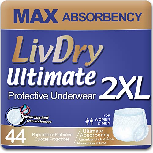 LivDry Ultimate XXL Adult Incontinence Underwear, High Absorbency, Leak Cuff Protection, XX-Large, 44-Pack