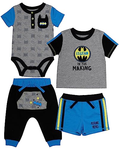 BATMAN Baby Boys 4-Piece Clothing Set | Onepiece Bodysuit, Drawstring Shorts, T-Shirt, Jogging Pants (Grey/Black/Yellow, 12 Months)