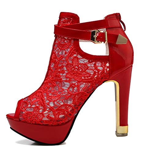 getmorebeauty Women's Red Pretty Lace Flowers Open Toes High Heels Ankle Boots 9 US