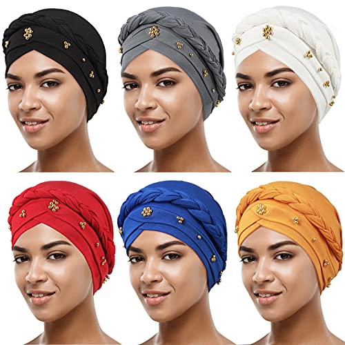 6 Pieces African Women Turban Headscarf Cap for Black Women Twisted Braid Wrap Headwrap(Black, Grey, White, Wine Red, Yellow, Royal Blue, Bead Style)