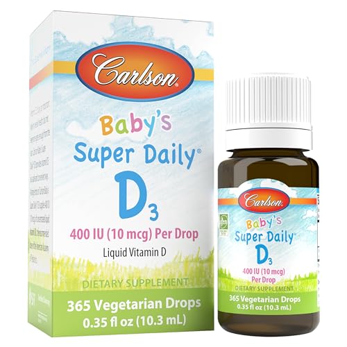 Carlson - Baby's Super Daily D3, Baby Vitamin D Drops, 400 IU (10 mcg) per Drop, 1-Year Supply, Vegetarian, Liquid Vitamin D for Infants and Toddlers, Unflavored, 365 Drops