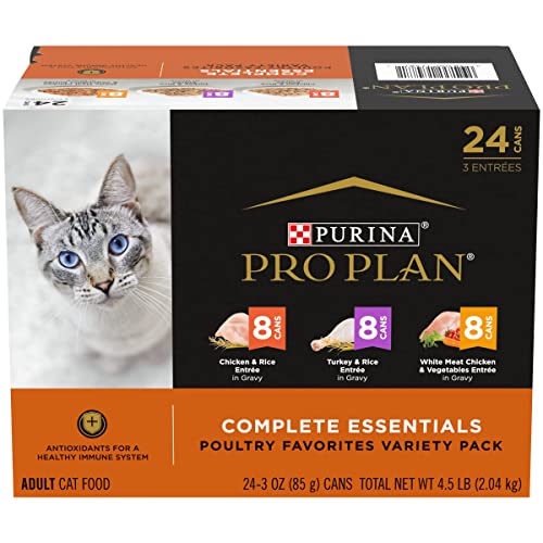 Purina Pro Plan Gravy, High Protein Wet Cat Food Variety Pack, Complete Essentials Chicken and Turkey Favorites - (Pack of 24) 3 oz. Cans