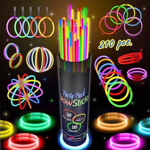 210 PCS Colorful Glow Sticks Party Pack - 100 8' Glow Sticks, 100 Connectors, Fun Accessories - Party Supplies - Glow The Dark Glowing Sticks Fun Party Pack with 8' Glowsticks, Connectors For Weddings