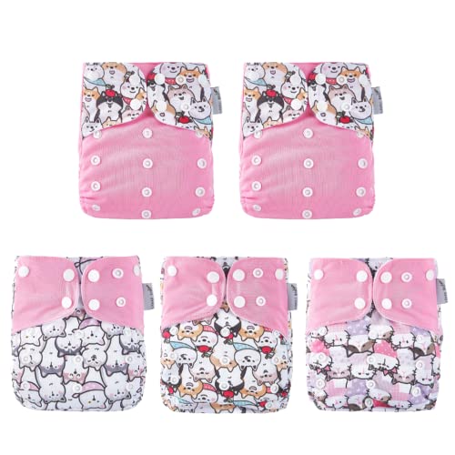 KaWaii Baby Happy Girl Pack, 5 One Size Pocket Cloth Diapers, Leakproof Adjustable Reusable Nappies, use with Insert, prefold or Fitted 8-36 lbs