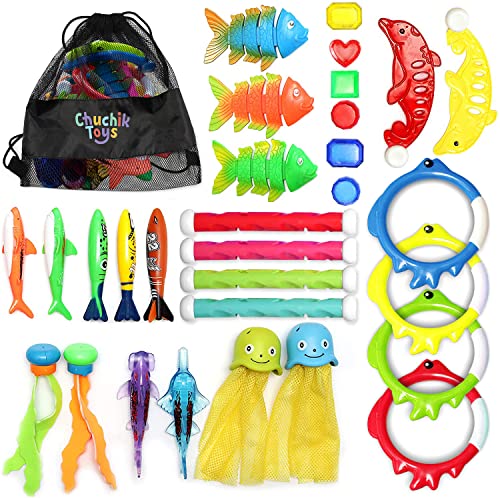 Chuchik 30 Pcs Diving Toys, Swimming Pool Toys for Kids Ages 4-8 8-12 with a Storage Net Bag. Pool Dive Toys for Kids. Pool Games, Swim Summer Water Toys. Include Diving Sticks & Pool Rings