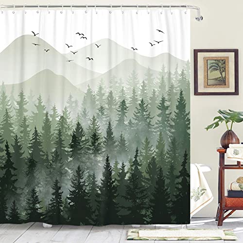 Accnicc Green Misty Forest Shower Curtain Set Ombre Sage Green White Waterproof Fabric Shower Curtains Nature Tree Mountain Woodland Decorative Bathroom Bath Curtain Decor (72'' × 72'', Green)