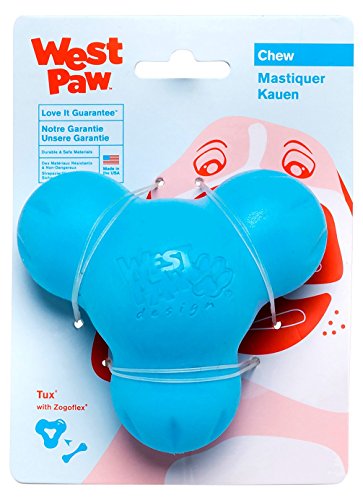 West Paw Zogoflex Tux Treat Dispensing Dog Chew Toy – Interactive Chewing Toy for Dogs – Dog Enrichment Toy – Dog Games for Aggressive Chewers, Fetch, Catch – Holds Kibble, Treats, Large 5', Aqua Blue