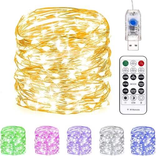Fairy Lights 66 ft 200 LED USB twinkle String lights Plug in Silver Wire Lights with Remote and Timer 8 Modes Outdoor Waterproof Starry Lights DIY Party Wedding Christmas Decoration（Warm White）