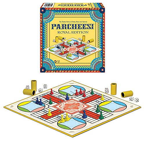 Parcheesi Royal Edition by Winning Moves Games USA, classic family favorite featuring charming artwork, tokens and dice cups for 2-4 players, Ages 8+ (6106)