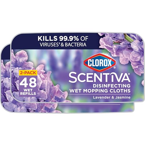 Clorox Scentiva Disinfecting Wet Mop Pad, Disposable Mop Heads, Multi-Surface Floor Wipes, Lavender and Jasmine, 2 Packs, 24 Wet Refills Per Pack (Package May Vary)