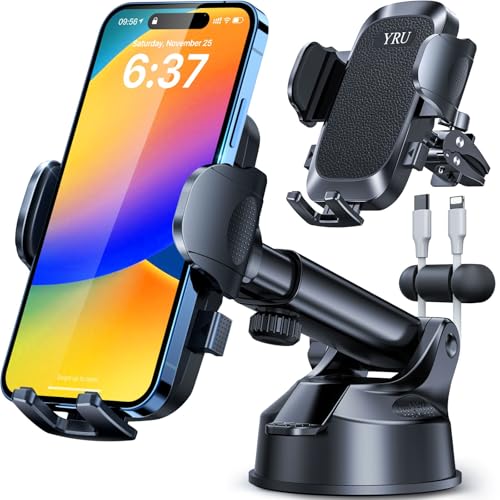 [2024 Upgrade 80LBS Strong Suction]YRU Car Phone Holder Mount,[Bumpy Road Stable]Dashboard Cell Phone Holder for Car Air Vent Windshield Phone Stand for iPhone 15 14 13 12 Pro Max Samsung Truck, Black