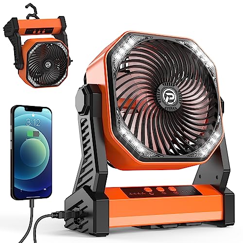 KITWLEMEN Camping Fan with LED Lantern, 20000mAh Rechargeable Battery Operated Outdoor Tent Fan with Light & Hanging Hook, 4 Speeds, Personal USB Desk Fan for Camping, Power Outage, Hurricane, Jobsite