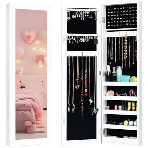 Giantex Wall Door Mounted Jewelry Armoire Cabinet with Full-length Mirror, Large Storage Mirrored Jewelry Cabinet Organizer with Ring Earring Slots, Necklace Hooks, Storage Shelves