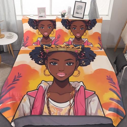 ZGDPBYF Comforter Set - 3 Pcs Black Girl Comforter Set Gold Crown Afro Woman Pattern, Bedding Set for All Season -1 Duvet Cover & 2 Pillowcases(No Comforter) 102'X90'