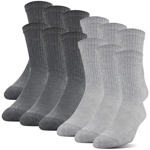 Gildan Men's Polyester Half Cushion Mid-Crew Socks, 12-Pack, Grey, Shoe Size: 6-12