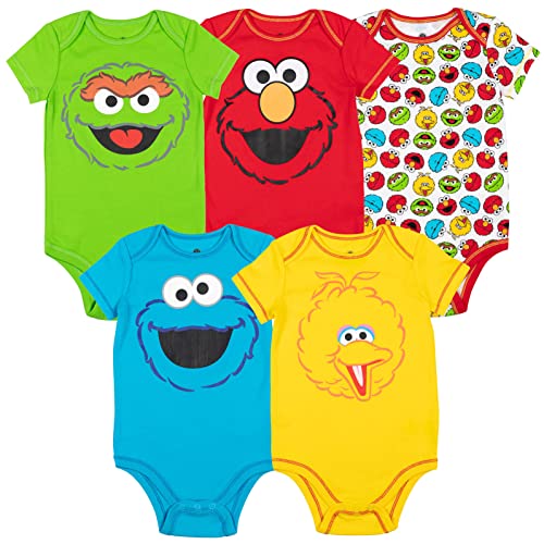 Sesame Street Elmo Cookie Monster Oscar the Grouch Big Bird Infant Baby Boys 5 Pack Bodysuits White 24 Months
