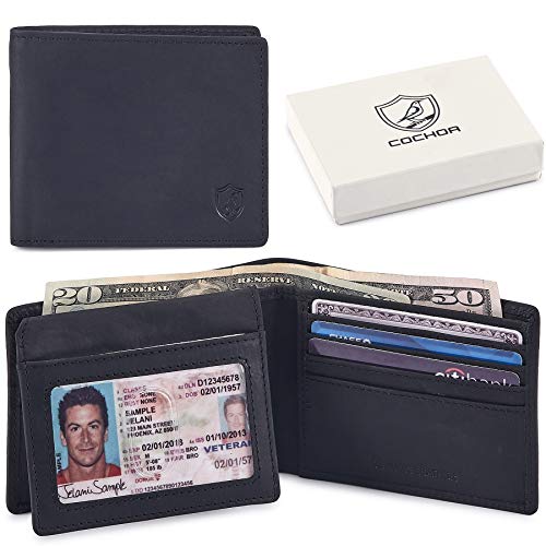 Cochoa Wallet for Men's RFID Blocking Real Leather Bifold Stylish 2 ID Window in Gift Box (CRAZY HORSE, BLACK)