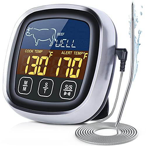 Meat Thermometer, with Long Probe, Digital Meat Thermometer with Large Touchscreen LCD, Kitchen Timer, Grill Thermometer, Cooking Food Meat Thermometer Instant Read for Smoker Kitchen BBQ Oven