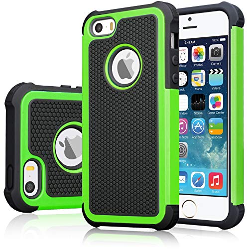 Jeylly iPhone SE Case (1st gen - 2016), iPhone 5S Cover, Shock Absorbing Hard Plastic Outer + Rubber Silicone Inner Scratch Defender Bumper Rugged Hard Case Cover for Apple iPhone SE/5S - Green
