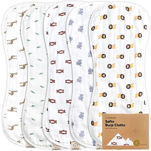 5-Pack Muslin Burp Cloths for Baby Boys and Girls - Organic Baby Burp Cloth, Viscose Derived from Bamboo Cotton Baby Washcloths, Burp Rags, Large Neutral Burp Clothes for Newborn (The Wild)