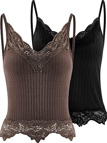 2 Pcs Lace Y2K Tank Top Fairy Grunge Clothes Y2K Crop Top Girls Lace Patchwork Crop Top Cami Ribbed Knitted Tank Tops(Brown, Black, Small)