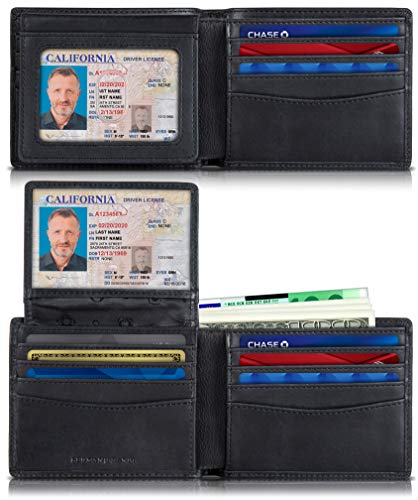 SERMAN BRANDS 2 ID Window Wallet for Men RFID Blocking Leather, Bifold Top Flip, Extra Capacity Travel Wallet (Charcoal Black Executive)