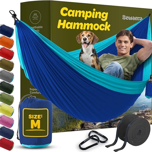 Durable Hammock 400 lb Capacity, Nylon Camping Hammock Chair - Double or Single Sizes w/Tree Straps and Attached Carry Bag - Portable for Travel/Backpacking/Beach/Backyard (Medium, Blue & Light Blue)