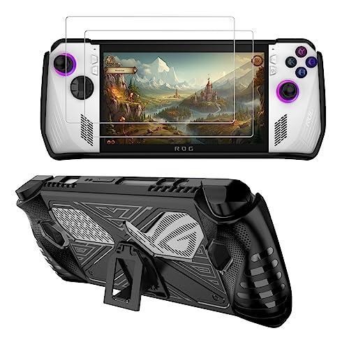 PAKESI Protection Case for ASUS ROG Ally - Rugged TPU with Built-in Stand for Game Handheld Console - Anti-Drop Shockproof Shell with 2 Pack Screen Protector (Black)