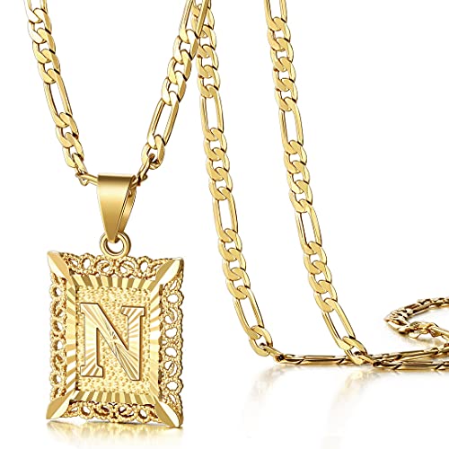 KissYan Initial Letter Pendant Necklace for Men Womens, 14K Gold Plated Square Capital Monogram Necklace Alhpabets from A-Z Figaro Chain Necklace(Hollow Letter N)